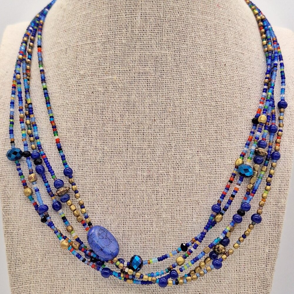 Multi Strand Blue Seed Bead Multicolor Necklace - Picture 2 of 11
